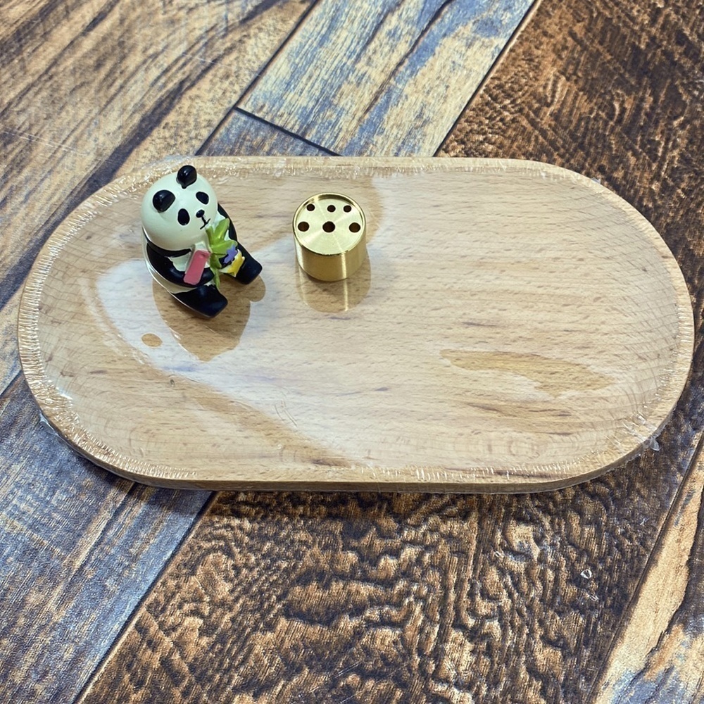 NWOT Bamboo plate with brass, incense holder, and lucky panda bear​​​​​​…​​